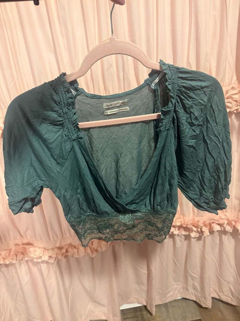 Urban Outfitters Teal Ruffle Sheer Lace Plunge Neck Peasant Crop Top